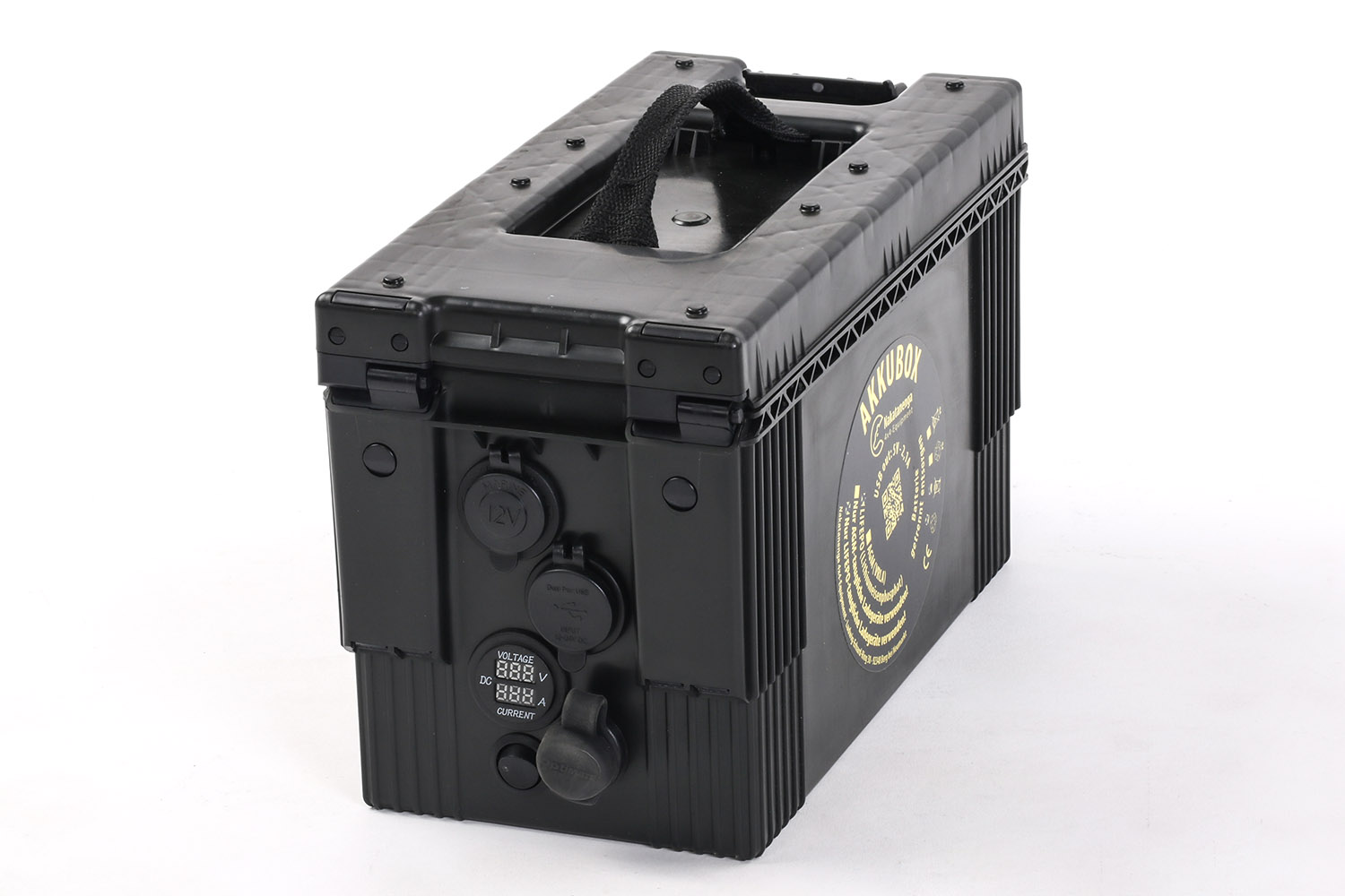 Akkubox in schwarz mit LiFePo-Batterie und verschiedenen Anschlüssen, USB-C