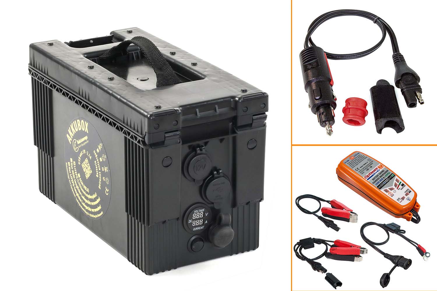 Akkubox mit AGM oder LiFePo Batterie, verschiedene Anschlüsse inkl. Ladegerät TM500 und Adapter, schwarz