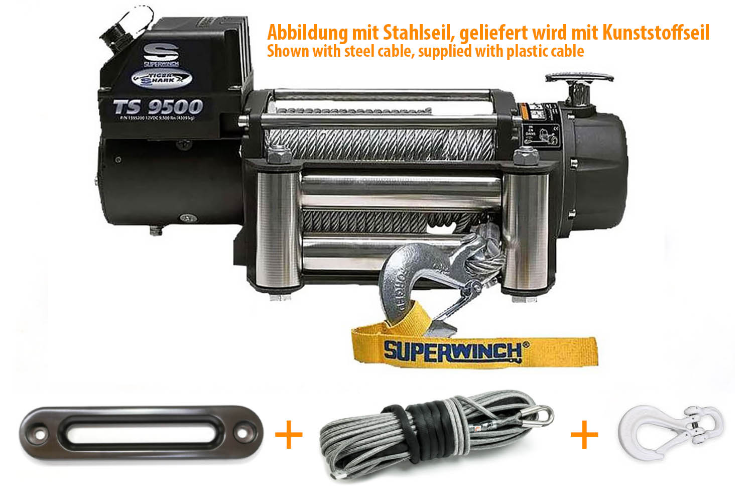 Seilwinden-Bundle mit Windenfenster, Windenhaken und Kuststoffseil in grau