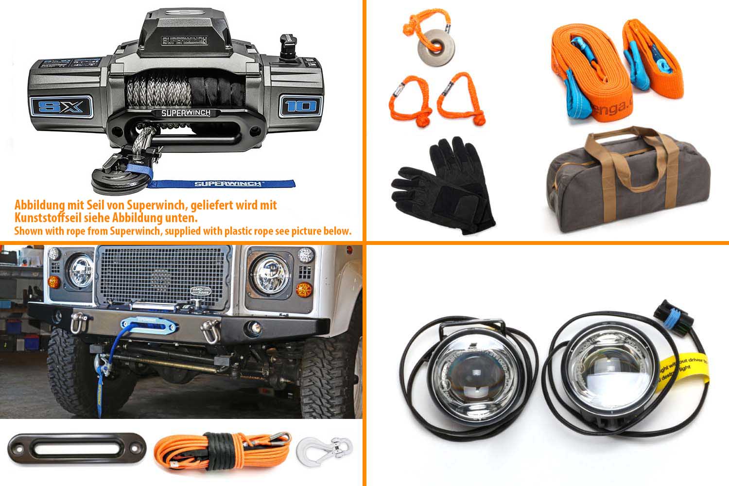 Seilwinden-Bundle mit Superwinch SX10, LED Scheinwerfern in chrom mit Zubehör orange