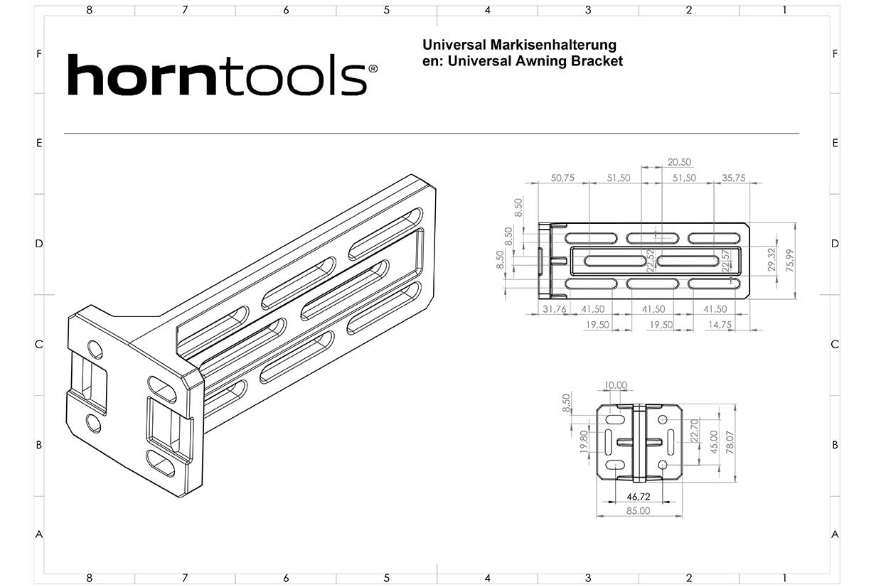 Zeichnung, Maße, Halterung für Duschzelt