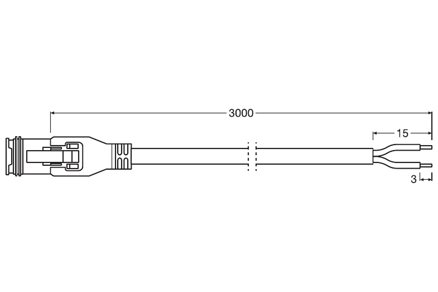Zeichnung, Maße, Verbindungskabel, 3m