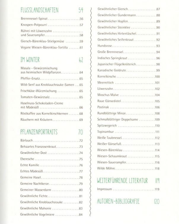 Essbare Wildpflanzen, Inhaltsverzeichnis