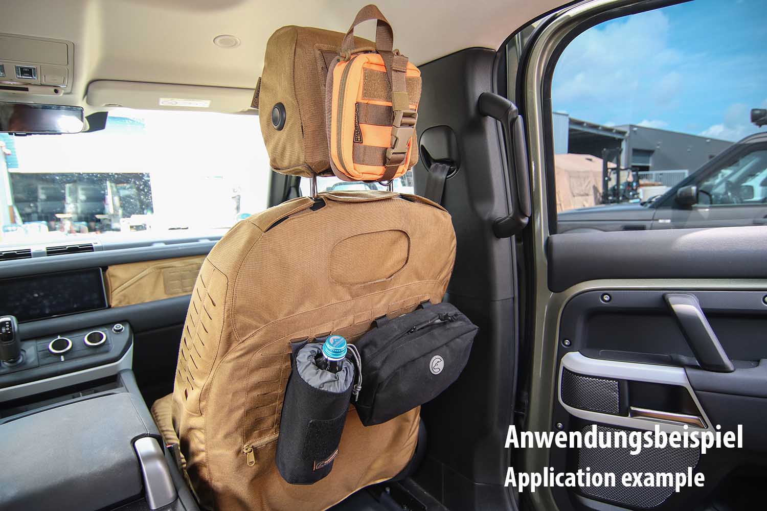 Anwendungsbeispiel, MOLLE-Taschen an Rückseite von Sitzbezug